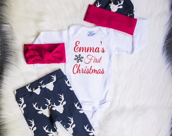 Baby Girls Coming Home Outfit, First Christmas, Customized Name, Deer Leggings, Hat and Headband With Red Cuffs, Christmas Outfit