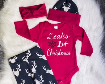 Baby Girls Coming Home Outfit,First Christmas,Customized Name,Red Bodysuit,Deer Leggings & Hat With Red Cuffs,Red Headband, Christmas Outfit