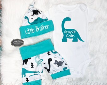 Gifts for Mom Baby Boy Personalized Outfit Baby Boy Coming Home Outfit Dinosaur Shorts /& Hat Little Brother Newborn Baby Boy