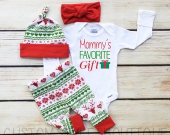 Baby Girls Coming Home Outfit, Red and Green Leggings,Hat and Headband With Red Cuffs, Baby's First Christmas Outfit