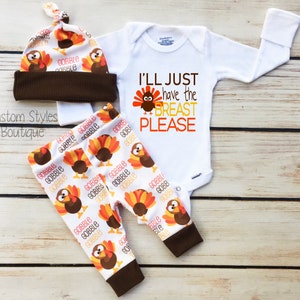 Baby Boys First Thanksgiving Outfit, White Infant Bodysuit, Leggings And Hat With Turkeys, Baby Boy's Thanksgiving Outfit Set, Newborn boy