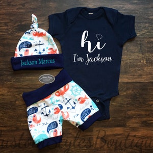 Baby Boy Coming Home Outfit,Hi I'm New Here, Nautical Theme Shorts & Personalized Hat, Navy Blue Bodysuit, Baby Boy Summer Outfit