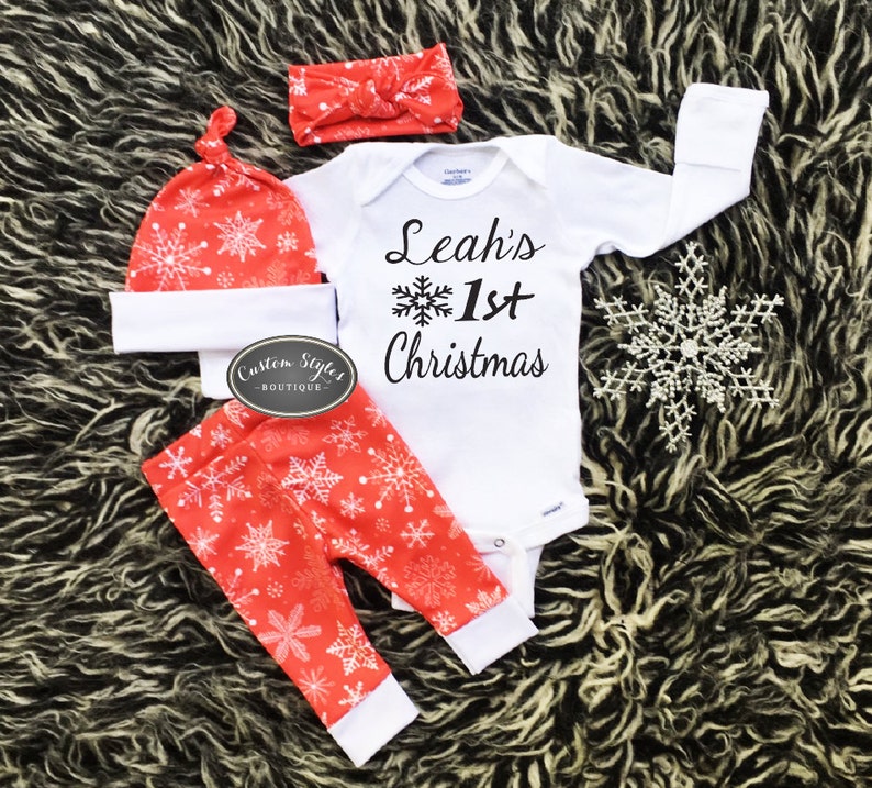 Baby Girls Coming Home Outfit,  First Christmas, Red Leggings, Hat and Headband With Snowflakes & White Cuffs,Baby's First Christmas Outfit 