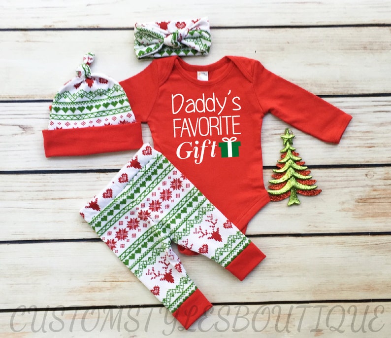 Unisex First Christmas Outfit,Red Infant Bodysuit, Red and Green Leggings,Hat and Headband With Red Cuffs, Baby's 1st Christmas Outfit 