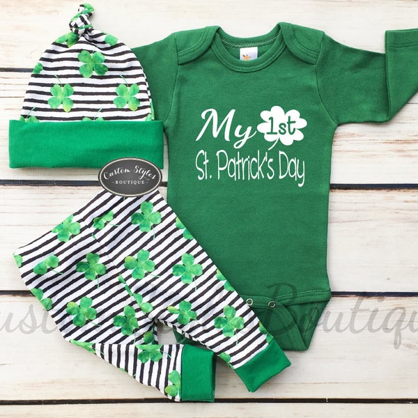 Baby Boys First St. Patrick's Day Outfit, My 1st St Patrick's Day, Pants & Hat With Green Clovers,Green Bodysuit, Baby's 1st St. Patty's Day