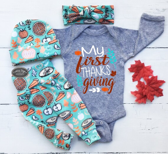 Gender Neutral First Thanksgiving Outfit Gray Bodysuit Teal Etsy