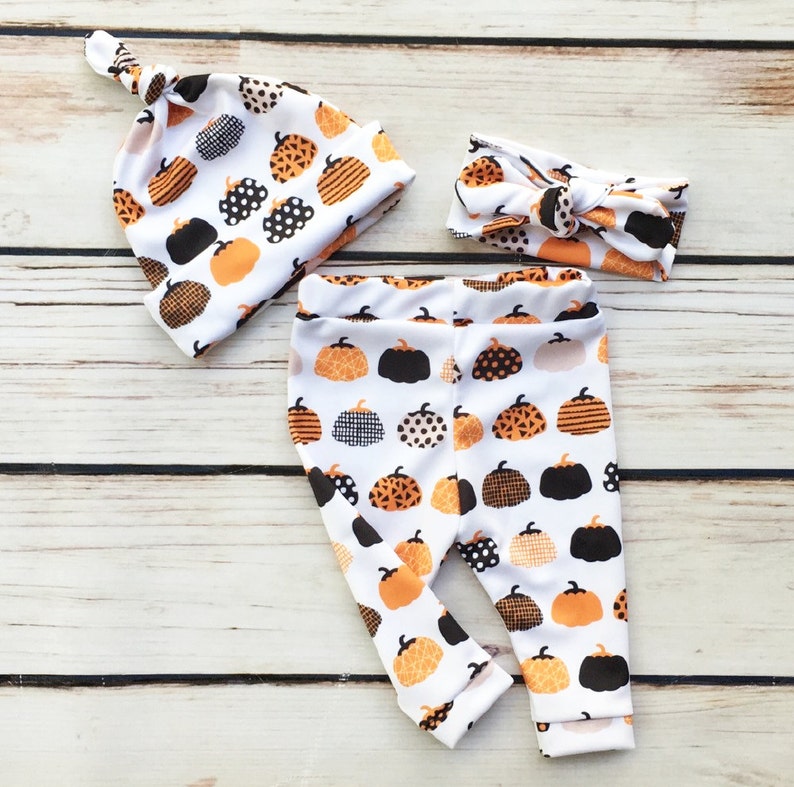 Baby Girls First Thanksgiving Outfit White Infant Bodysuit Leggings,Hat and Headband With Pumpkins,Baby Girls First Thanksgiving Outfit