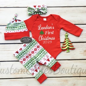 Gender Neutral First Christmas Outfit, Red Infant Bodysuit, Red and Green Leggings, Hat and Headband With Red Cuffs, Baby's 1st Christmas