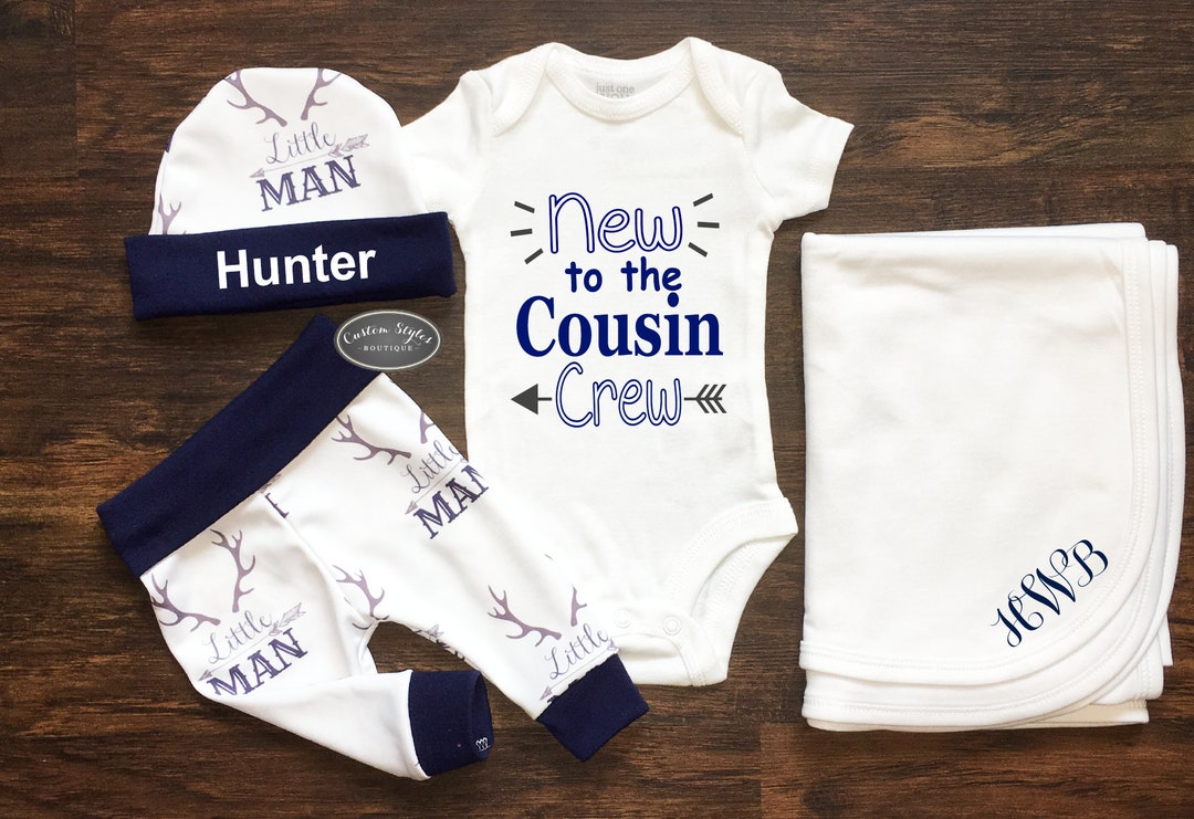Baby Boy Coming Home Outfit, Newborn Baby Boy, Leggings, Hat, Navy Blue ,new to the Cousin Crew