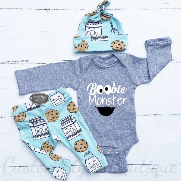 Newborn Baby Boy Coming Home Outfit, GREY Bodysuit, Milk and Cookies, Teal Leggings And Hat, Baby Boy, Hospital Outfit,Grey Bodysuit