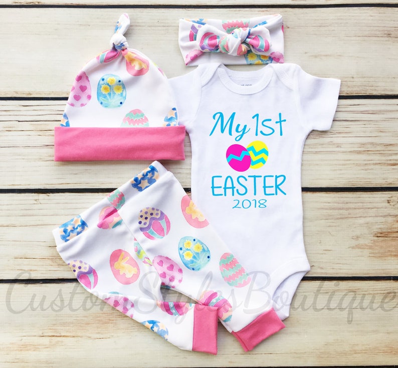 Baby Girls First Easter Outfit Easter Egg Leggings,Hat /& Headband With Pink Cuffs,Baby Girl Coming Home,My 1st Easter,Baby Girl Coming Home