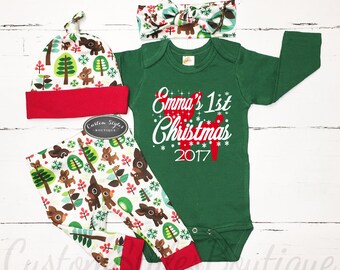 Baby Girls First Christmas Outfit, Coming Home Outfit, Green Bodysuit, Retro Reindeer Christmas Leggings, Hat & Headband, Baby Girl