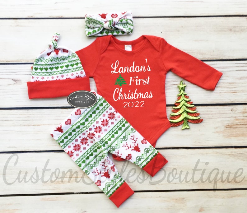 Gender Neutral First Christmas Outfit, Red Infant Bodysuit, Red and Green Leggings, Hat and Headband With Red Cuffs, Baby's 1st Christmas 