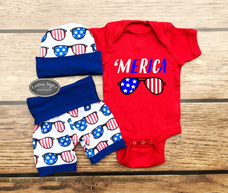 Hat and Red Bodysuit Baby Boys 4th Of July Outfit Summer Outfit Boy /'Merica Fourth Of July Baby Boy Shorts Red White And Blue Shorts