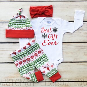 Unisex First Christmas Outfit,Best Gift Ever,Red and Green Leggings,Hat and Headband With Red Cuffs, Baby's 1st Christmas Outfit,Coming Home