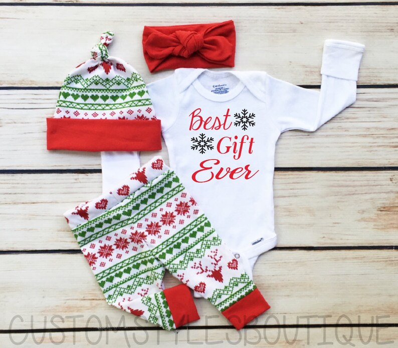 Unisex First Christmas Outfit,Best Gift Ever,Red and Green Leggings,Hat and Headband With Red Cuffs, Baby's 1st Christmas Outfit,Coming Home 