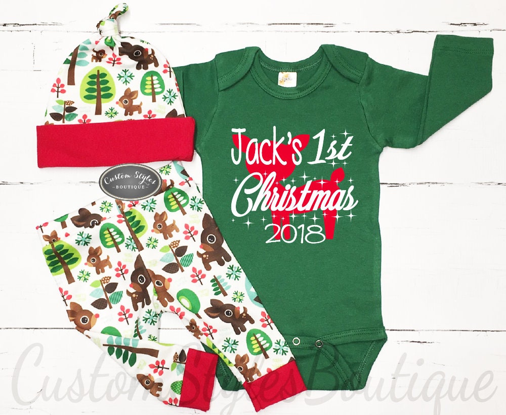 My First Christmas Outfit Baby Boy Personalized Green Etsy