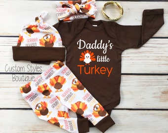 Gender Neutral Baby First Thanksgiving Outfit, Brown Infant Bodysuit, Turkey Leggings, Hat and Headband, Baby Girls Thanksgiving Outfit