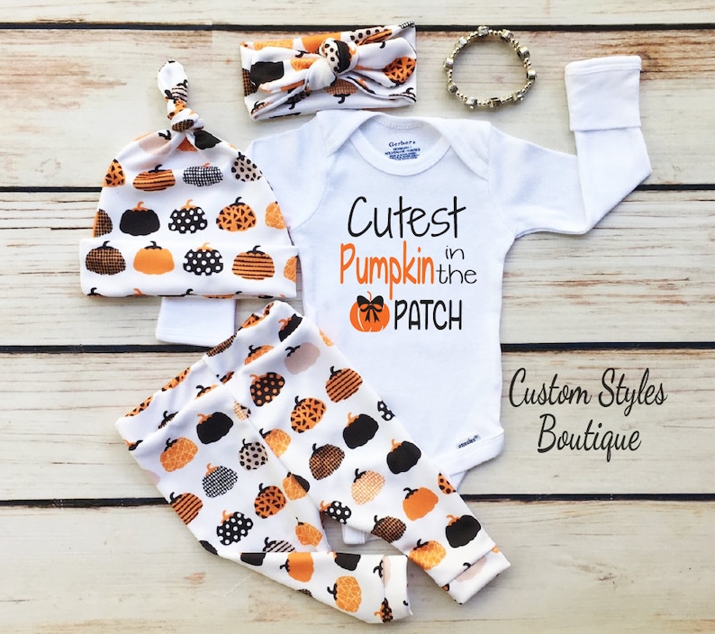 Baby Girls First Thanksgiving Outfit White Infant Bodysuit Leggings,Hat and Headband With Pumpkins,Baby Girls First Thanksgiving Outfit