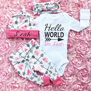 Baby Girl Coming Home Outfit, Hello World, Custom Name, Hearts And Arrow Pattern Leggings, Hat and Headband, Baby Girl Going Home Outfit