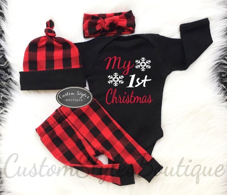 Unisex Baby's First Christmas,Black And Red Buffalo Plaid Leggings & Hat w/ Red Cuffs, 1st Christmas Outfit, Red, Baby Coming Home Outfit 