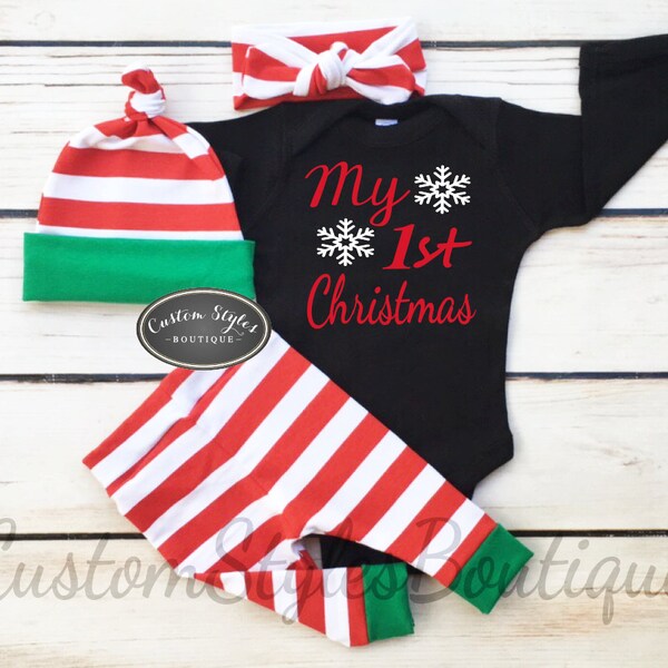 Unisex Baby's First Christmas Outfit,Red And White Striped Leggings & Hat w/ Green Cuffs,Headband, Baby Coming Home Outfit, Christmas