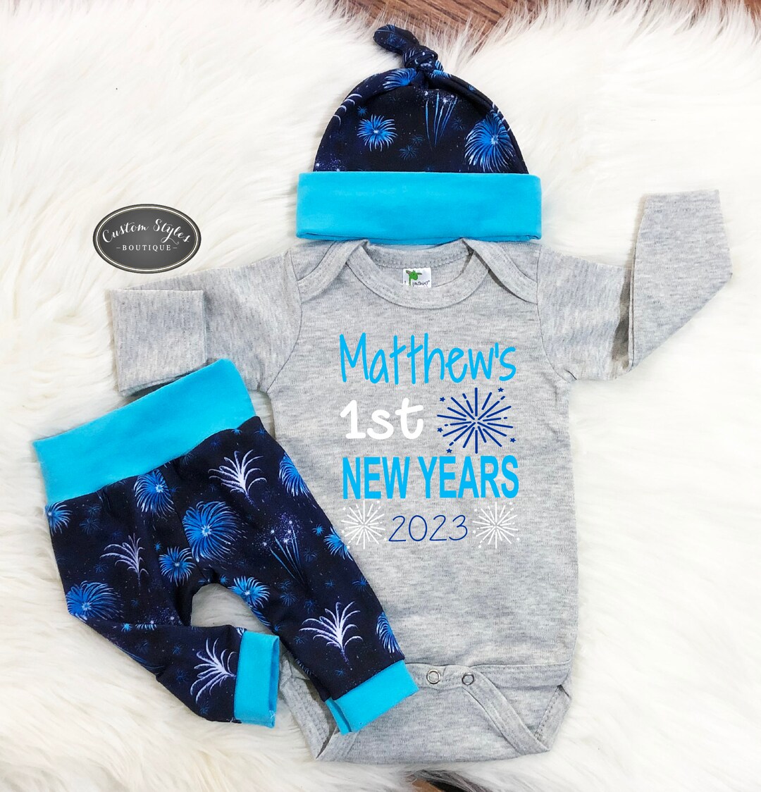 Baby Boys First New Years Outfit, Personalized Gray Bodysuit, Navy Blue Firework Leggings and