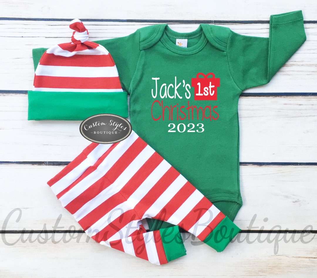 Baby Boys First Christmas Outfit,customized Name,red and White Striped