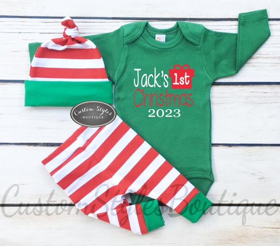 Baby Boys First Christmas Outfitcustomized Namered and White 