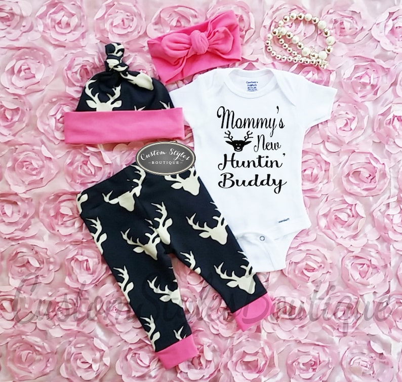 Baby Girl Coming Home Outfit Deer Leggings | Stay At Home Mum Baby Girl Coming Home Outfit Deer Leggings With Pink Cuffs image 0