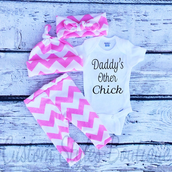 Baby Girl Coming Home Outfit, Daddy's Other Chick, Light Pink Chevron, Leggings,Infant Bodysuit, Hat and Headband, Pink, Baby Girls Outfit