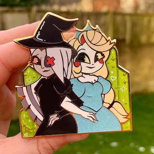 Charlie and Vaggie Enamel Pins, Hazbin X Musicals pins, Hazbin hotel musical theatre pin badges, Wicked Chaggie