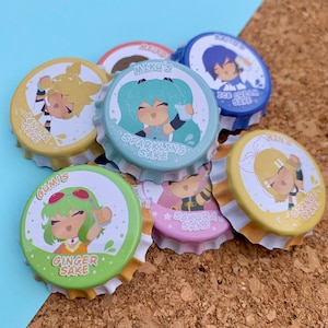 Vocaloid Bottle Cap pins, Hatsune Miku badges, Rin, Len, Gumi, Kaito, Meiko, Luka