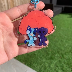 Acrylic Charm, Blue Dog cartoon, best friends camping double sided charm