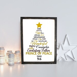Isiah 9:6 Christmas Wood Framed Sign, Unto us a child is born, Christian Christmas Wall Art, Holiday theme wall print, Tree shape with Verse
