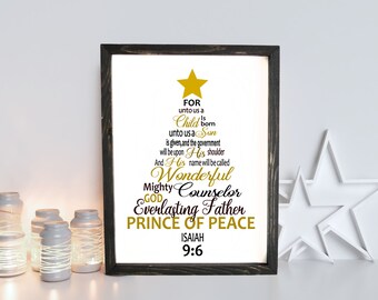 Isiah 9:6 Christmas Wood Framed Sign, Unto us a child is born, Christian Christmas Wall Art, Holiday theme wall print, Tree shape with Verse