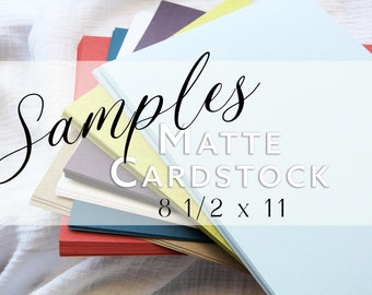 May include: A stack of multi-colored matte cardstock sheets in various shades including light blue, yellow, red, dark blue, white, and purple. The text "Samples MATTE CARDSTOCK 8 1/2 x 11" is overlaid on the image in black and white lettering.