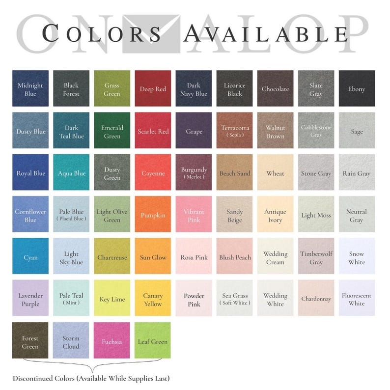 May include: A color chart titled COLORS AVAILABLE featuring a grid of sixty-four square swatches in various shades including blues, greens, reds, browns, grays, yellows, and pinks, with text labels for each color and a note about discontinued colors.