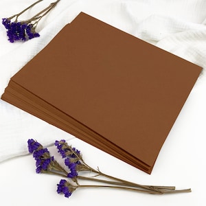 May include: A stack of brown cardstock paper. The paper is smooth and has a subtle texture. The paper is arranged in a neat pile on a white surface.