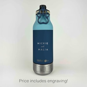 Engraved Travel, Hiking Water Bottle for Dog | 3 Colors to Choose From | Detachable Bowls for Water, Food + Easy-Pour Spout | Dog Dad Gift