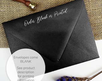 Onyx Black Shimmer Metallic Envelopes for Wedding Invitations, Greeting, RSVP Cards | 25 Blank Envelopes - White Ink Printing Available