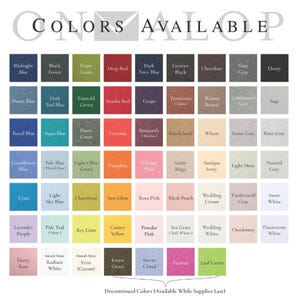 May include: A color chart titled COLORS AVAILABLE displaying a grid of sixty-five square swatches in various shades including blues, greens, reds, browns, grays, and pinks. Each square contains a text label identifying the specific color name.