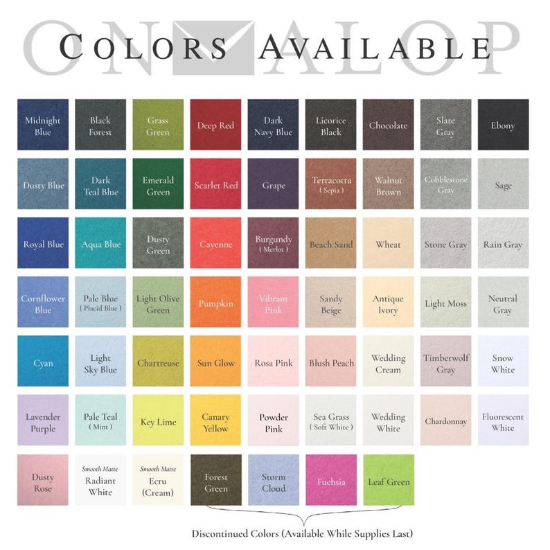 May include: A color chart titled COLORS AVAILABLE displaying a grid of sixty-five square swatches in various shades including blues, greens, reds, browns, grays, and pinks. Each square contains a text label identifying the specific color name.
