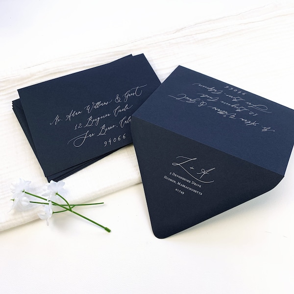 Midnight Blue Navy Envelopes Blank or Addressed | 5x7 (A7) + More Sizes for Wedding Invites, RSVPs | 25 Envelopes | White Printing Available