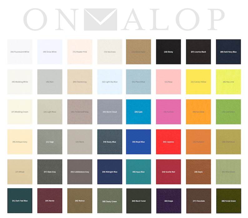 May include: A color chart featuring a variety of hues, including shades of blue, green, pink, and yellow. Each color is displayed in a square with a corresponding number and name. The word "ONMALOP" is at the top.