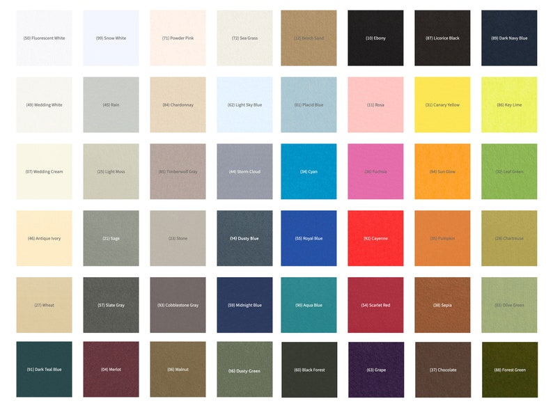 Onvalop color chart - Matching cards and envelope sets available in 48 colors from Onvalop.