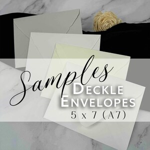 May include: Samples of 5x7 (A7) deckle edge envelopes in white, ivory, and gray. The envelopes are on a black surface with a white flower.
