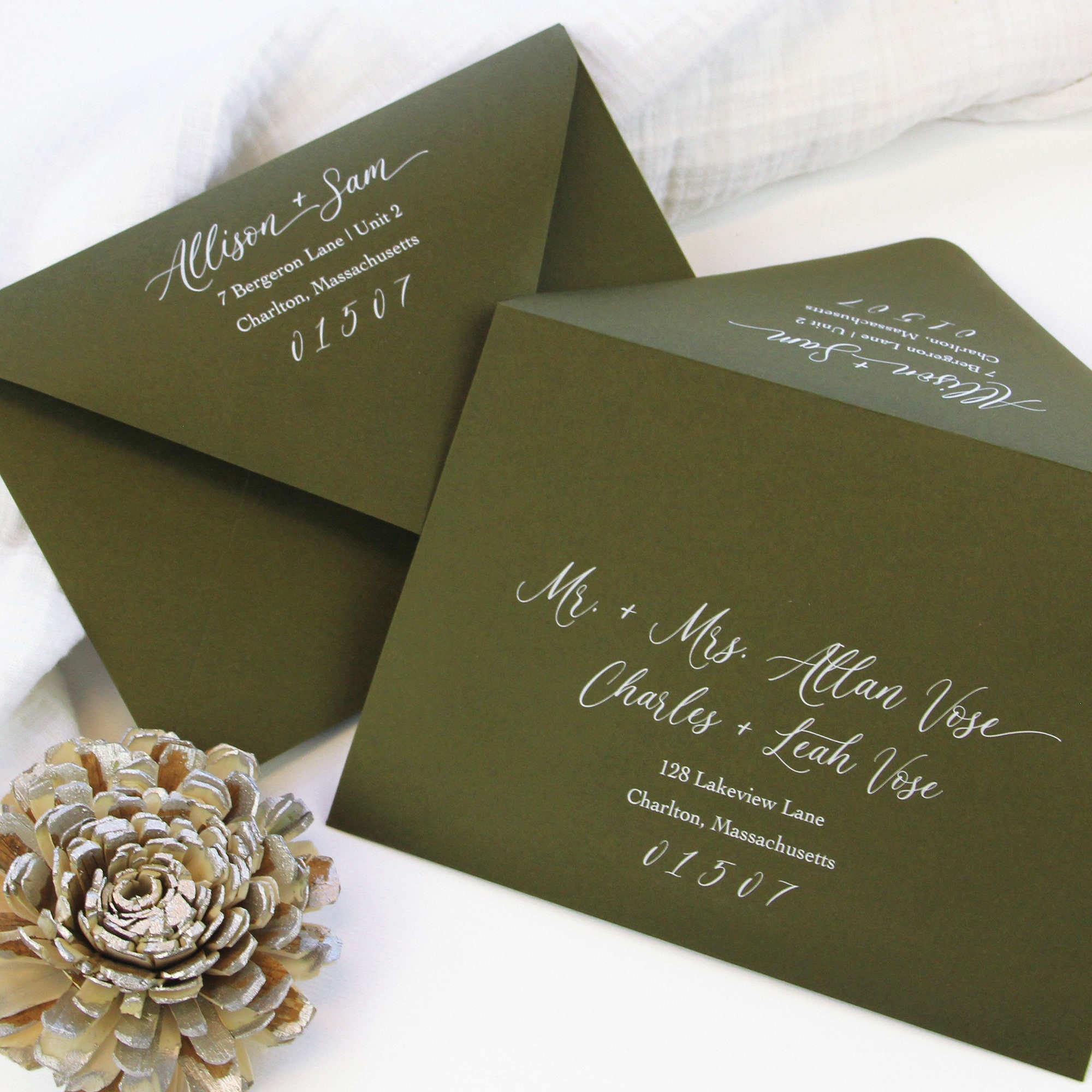5x7 Metallic Gold Floral & Forest Green Wedding Invitation with Directions  Insert, Postcard RSVP and Envelope Liner. Different Color Options