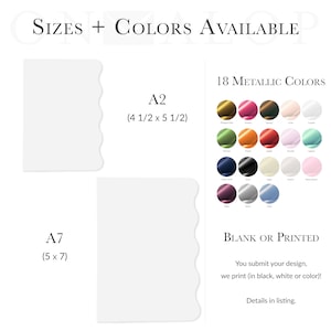 Puede incluir: Dos tamaños de papel de cartulina blanco en blanco, A2 (11,43 cm x 13,97 cm) y A7 (12,7 cm x 17,78 cm). Se muestran 18 colores metálicos, con la opción de dejar la cartulina en blanco o impresa con un diseño.