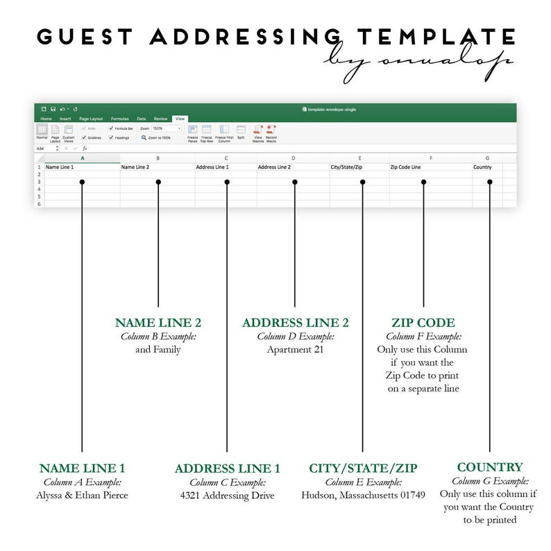 Onvalop guest addressing template and instructions.